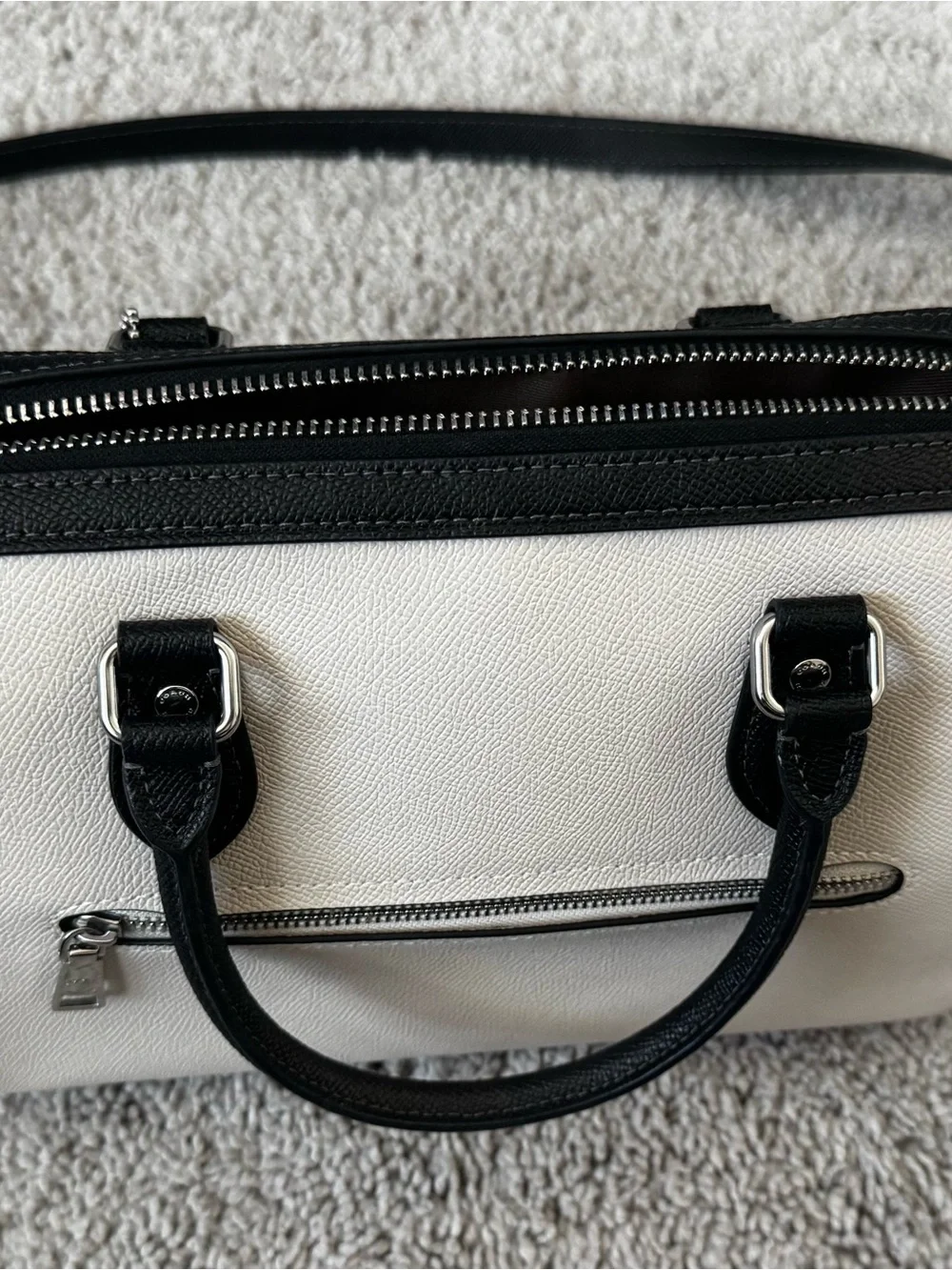 Coach White Pebbled Leather Satchel with Black Trim and Silver Hardware